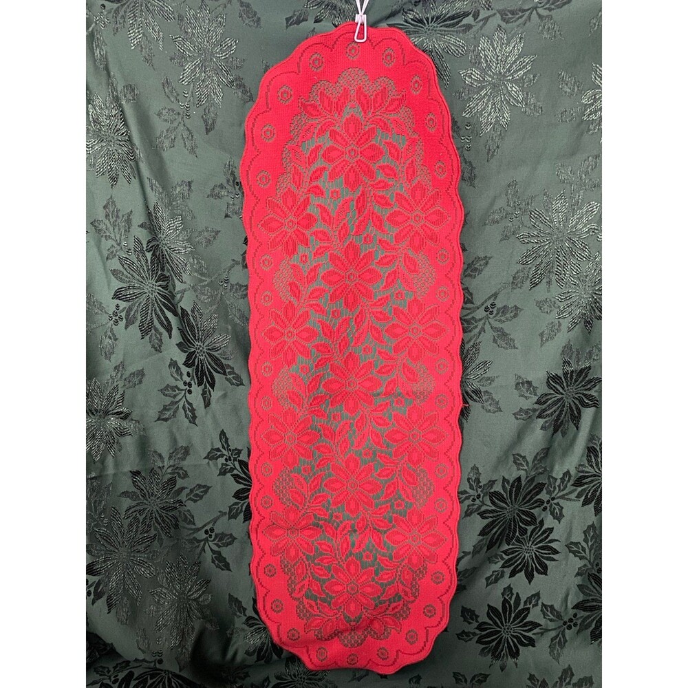 Vtg Table Runner Beautiful Red Lace Look with Poinsettia Pattern & Green Backer